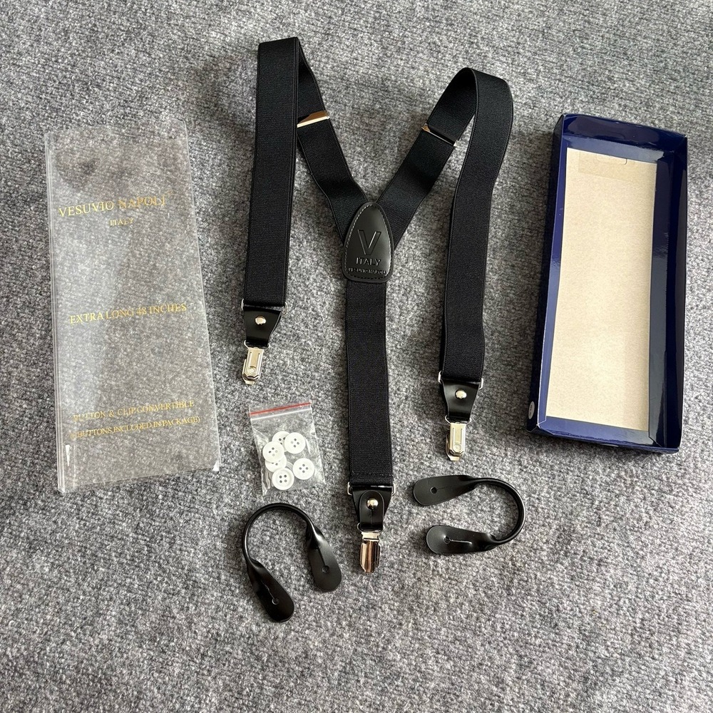 Vesuvio Napoli Italy‎ Suspenders Black Extra Long 48" Button & Clip Convertible